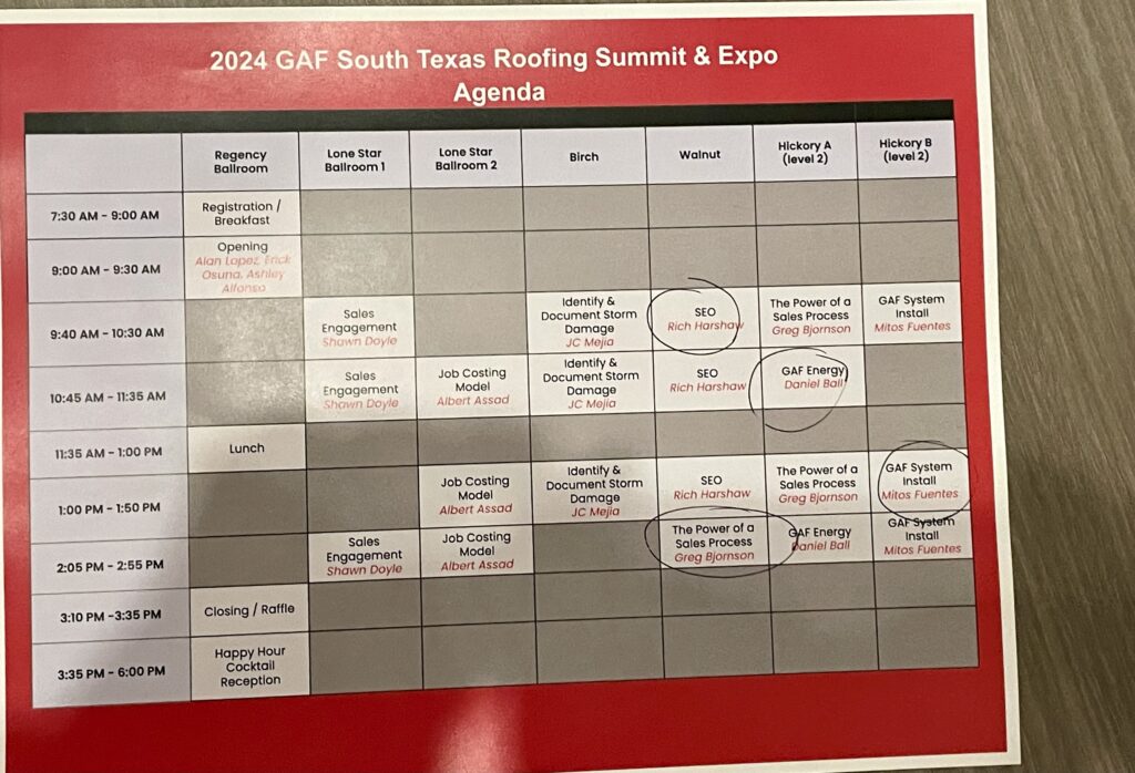 image of the roofing conference agenda with talks circled at various times. 