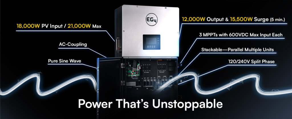 Inside the EG4 18kPV, the solar inverter with 12,000W output and 15,500W Surge. 